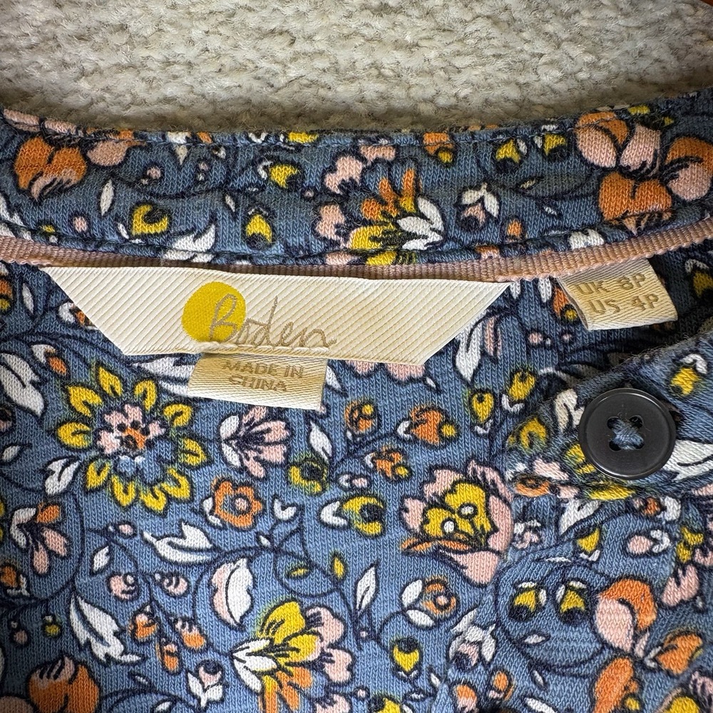 Boden Jersey Shirt Mini Dress Women's 4P Blue Floral Long Sleeve Pockets Buttons - Picture 2 of 11